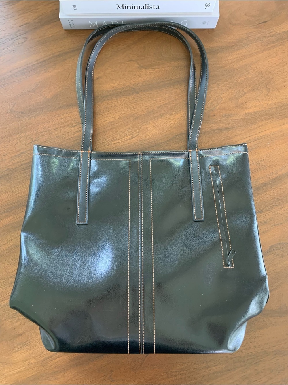 Van Valentino Black Leather Tote Bag with Orange Stitching